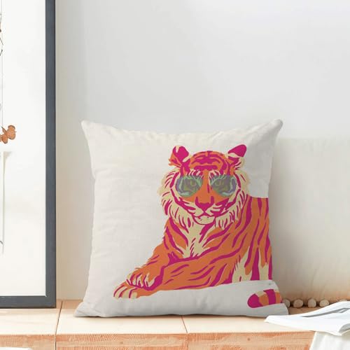Hot Pink Tiger Preppy Pillow Covers 16x16 Inch Set of 2 Trendy Pink Orange Tiger Throw Pillows Outdoor Decorative Fun Funky Dormitory Pillowcases Linen Cushion Cases for Bed Sofa Couch College - color: Pink Tiger, size: 16" x 16" (Pack of 2)
