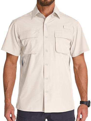 Mens Short Sleeve Button Down Shirts UPF 50+ Sun Protection Quick Dry Fishing Shirt for Travel Hiking Safari Camping - color: Light Khaki, size: Medium