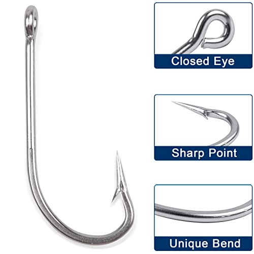 Saltwater Fishing J Hooks O'Shaughnessy Forged Extra Strong Stainless Steel Trolling Sea Bass Striper Snapper Fishing Hooks, Size 1/0-10/0 - size: 4/0-30pcs