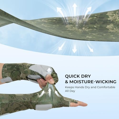 KastKing Agies Fishing Gloves Men, UPF 50+ Sun Gloves UV Protection, Cooling Quick-Dry 3/4 Fingerless Gloves with Extended Cuff, Microfiber Palm & Pull Tabs, for Fishing, Kayaking, Hiking, Hunting - color: X Camo-Olive Green, size: Small-Medium