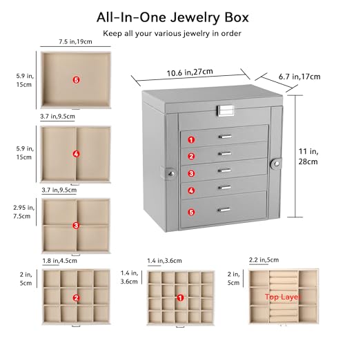 Frebeauty Large Jewelry Box,6-Tier PU Leather Jewelry Organizer,Multi-functional Storage Case with Mirror,Accessories Holder with 5 Drawers for Necklace Bracelets Watches(Grey) - color: Grey, size: Large