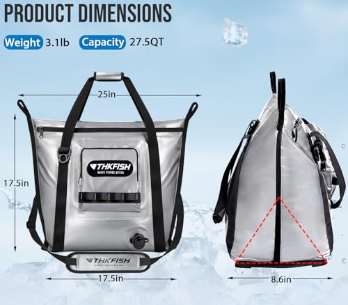 THKFISH Insulated Fish Cooler Bag, 25x17.5in Portable Soft Cooler Bag for Caught Fish, Travel, Beach, Camping, Picnic, Lunch, Fishing, 24HR Cold Retention - color: Silver --25x17.5x8.6"