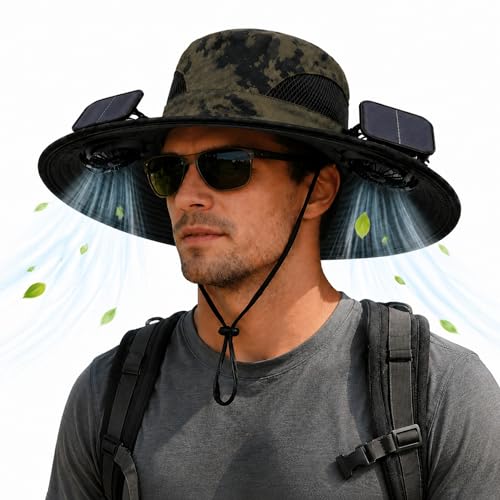 Berlune Sun Hat with 2 Solar Fan Wide Brim Fishing Bucket Hat USB & Solar for Men Women UPF 50+ Cooling for Fishing Beach - color: Army Green, size: 5.9 Inch Brim