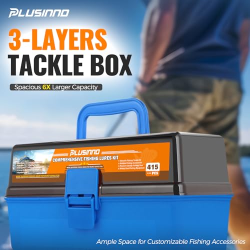 PLUSINNO Large 3 Layers Fishing Tackle Box with Tackle Included, 415Pcs Fishing Lures Kit Contains Pliers, Crankbait, Weights, Accessories, Portable Fishing Gear Gifts for Men Starter Kits Bass Trout - color: Blue