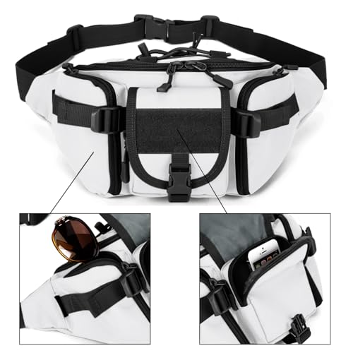 ArcEnCiel Tactical Fanny Pack for Men Women Waist Bag Hip Belt Outdoor Hiking Fishing Bumbag with Patch（White) - color: White