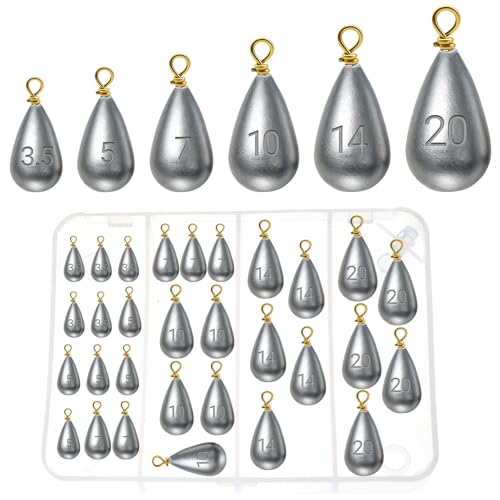 Casting Sinker Weights Assortment, 30PCS Teardrop Fishing Sinkers with Brass Swivel Loops, 1/8 oz to 3/4 oz, Drop Shot Weights for Bass Catfish, Freshwater Saltwater
