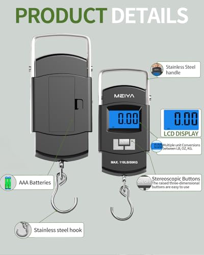 MEIYA Fish Scale 110lb/50kg Digital Fishing Scale with Backlit LCD, Portable Handle, Stainless Steel Hook & 2 AAA Batteries – Reliable Fishing Gear & Great Fishing Gifts for Men - color: Black