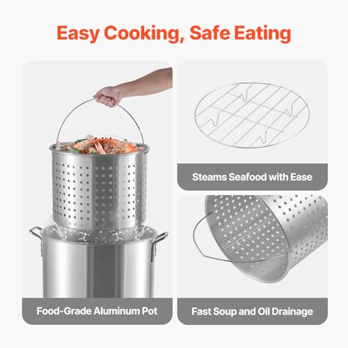 VEVOR 100 Qt Seafood Boiling Kit with Strainer, Outdoor Seafood Boil Pot and Basket, Cooking Set for Crab Crawfish Lobster Boiling, Aluminum Stockpot with 100,000 BTUs Propane Burner and Steamer Rack - style: 100-qt