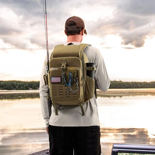 Piscifun Fishing Tackle Backpack with Rod & Gear Holder, Lightweight Outdoor Water-Resistant Fishing Shoulder Storage Bag with Protective Rain Cover, Khaki - color: Khaki, size: Large