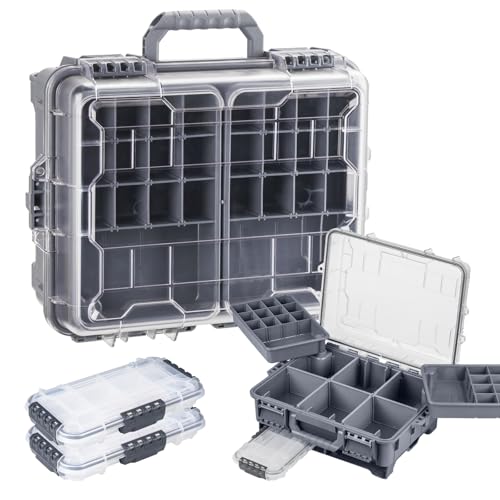THKFISH Waterproof Tackle Box, Portable Fishing & Tackle Storage Box with Two 3500 Stowaway Boxes and Removable Dividers, Tackle Box, Thicker Floating Airtight Stowaway,Pink/Green/Blue/Grey - color: M-Grey