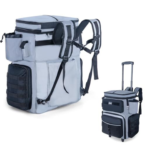 Goture 66L Rolling Tackle Box with Cooler, Gray Large Fishing Bag with Wheels for 5 3700 Trays(Trays Not Included), Saltwater Resistant Tackle Backpack with Rod Holders - color: Gray, size: No Trays