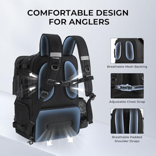 KastKing BaitSpace Fishing Tackle Backpack with Removable Bait Binder,2 Rod Holders Storage Fishing Gear and Equipment - color: E: Black（Without tackle box）