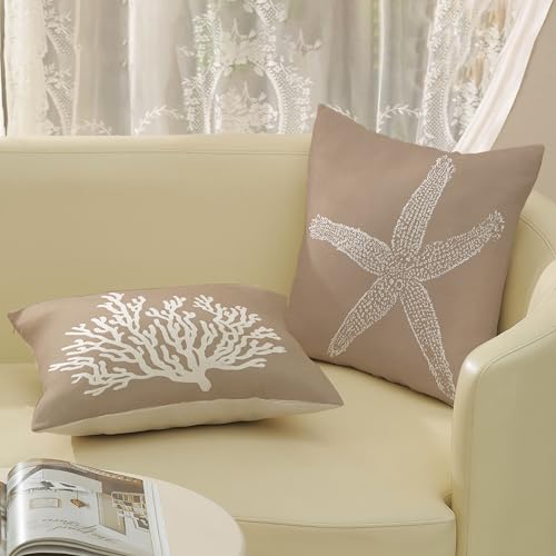Brown Coastal Pillow Covers 16x16 Inch Set of 2 Nautical Brown Starfish Coral Throw Pillows Spring Summer Beach Ocean Pillowcases Linen Outdoor Decorative Cushion Covers for Bed Sofa Couch - color: Brown Starfish Coral, size: 16" x 16" (Pack of 2)