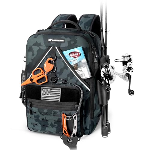 KastKing KarryAll KastMate Fishing Tackle Backpack,Water-Resistant Tackle Bag With 2 Rod Holders,Fishing Gear and Equipment With Large Gear Storage,Black Camo - color: B: Black Camo