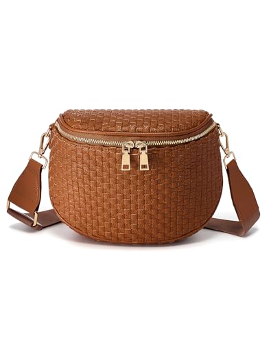 Trendy Woven Checkered Crossbody Bum Bag for Women，PU Leather Checkered Purse Fanny Packs Belt Bag (Woven Bum Bag - Pure Brown) - color: Woven Bum Bag - Pure Brown