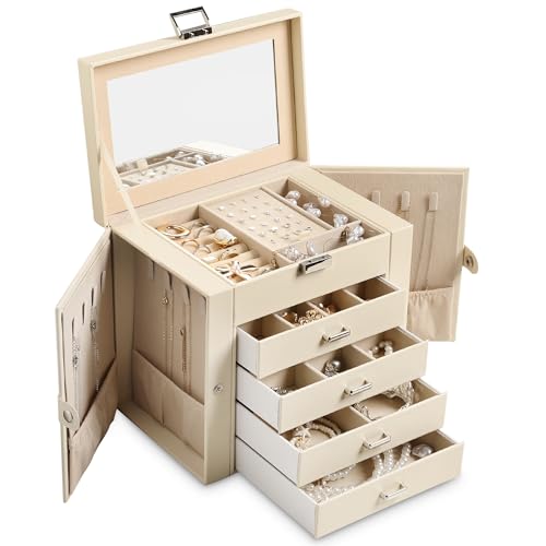 Frebeauty 5-layer Jewelry Box,Faux Leather Jewelry Organizer with 4 Drawers,Jewelry Organizers and Storage with Mirror,Jewelry Holder Organizer for Necklace,Jewerly Boxes for Women Girls(Beige) - color: Beige, size: Medium