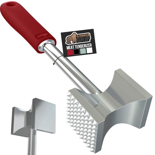 GORILLA GRIP BPA-Free Patented Dual-Sided Meat Tenderizer Tool, Soft Comfortable Handle with Hanging Hole, Heavy Duty Kitchen Mallet for Steak Beef Fish, Chicken Cutlet Pounder, Dishwasher Safe, Red - color: Red