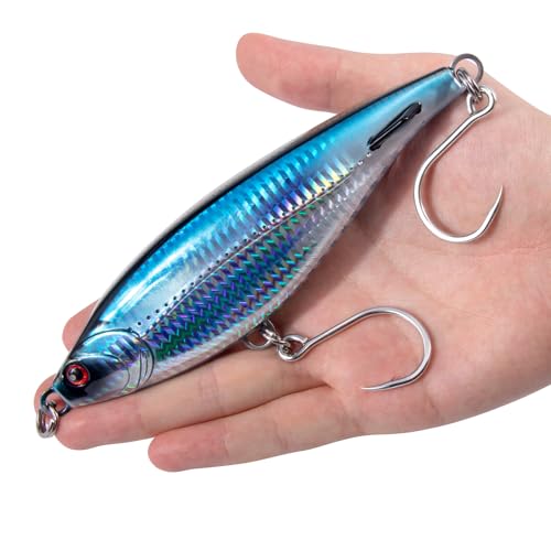 Alwonder High Speed Trolling Lures Saltwater Fishing Lures 6"/3oz Sinking Twitch Bait 7/0 Hook Deep Diving Jerkbait Fishing Plug Offshore Lure for Tuna Striper Mackerel - color: Chrome Blue