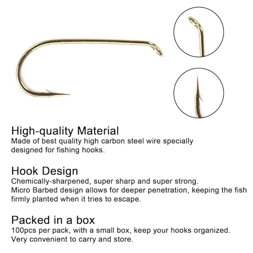 Eupheng Fly Fishing Hooks 100pc Pack Micro Barbed High Carbon Steel Bronze Forged for Dry Flies, Curved Nymphs, Shrimp,Caddis Pupa - color: EP FLY-DRY-7010, size: #8