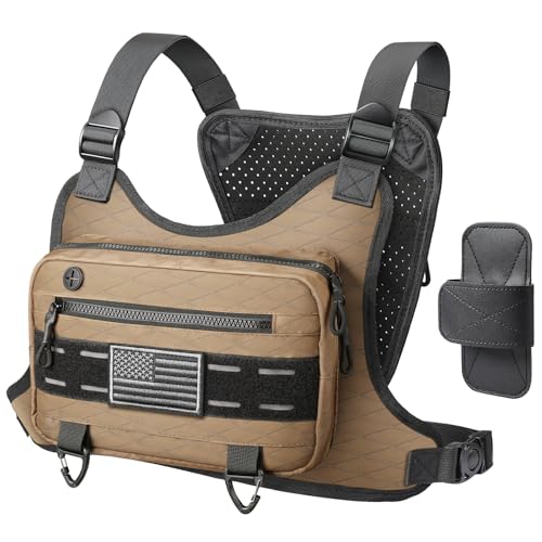 RXW Outdoor Sport Chest Rig for Men Women, Running Vest Bag with Pack Holster, Chest Pack Built in Phone Holder for Cycling, Camping,Travel, Hiking, Workouts, EDC（Brown） - color: Brown