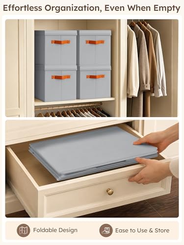 Homsorout Storage Bins with Lids - Fabric Storage Baskets for Shelves, 4 Pack Foldable Decorative Boxes with Handles, Stackable Organizer Bins for Home, Nursery, Dorm, Grey - color: Grey, size: L(4-Pack)