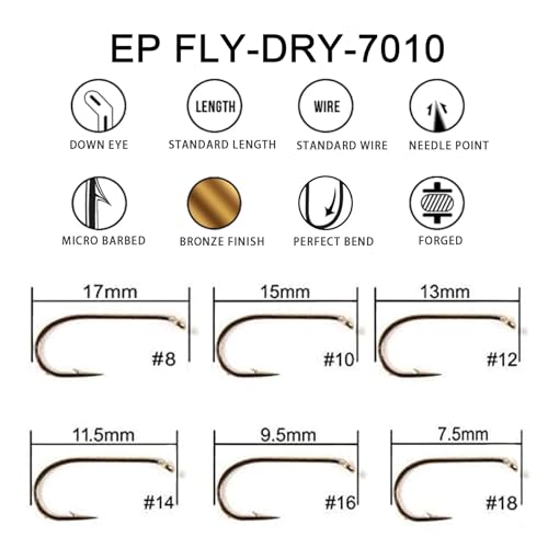 Eupheng Fly Fishing Hooks 100pc Pack Micro Barbed High Carbon Steel Bronze Forged for Dry Flies, Curved Nymphs, Shrimp,Caddis Pupa - color: EP FLY-DRY-7010, size: #14