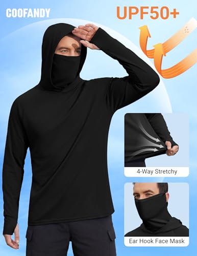 COOFANDY Mens UPF 50+ Sun Protection Hoodie with Mask Lightweight Long Sleeve SPF Fishing Shirts UV Hiking Running Rash Guard - color: Black, size: Small