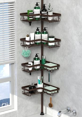 DAOYA Corner Shower Caddy Tension Pole - Adjustable 4-Tier Shower Shelf Stainless Steel Corner Tension Rod Bathroom Organizer Shampoo Holder with Soap Holders & Hooks for Bath, Tub, Floor Space Saving - color: Bronze