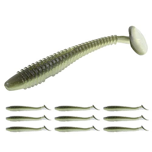 RUNCL Swimbaits Paddle 10/20/30/40PCS, 5/4/3/2 Inchs Paddle Tail, Soft Lure for Trout Crappie Bass, Durable Plastic Bait Swimmer for Saltwater/Freshwater, Fishing Lover's Gift - color: Green Shiner, size: 5in, 10pcs