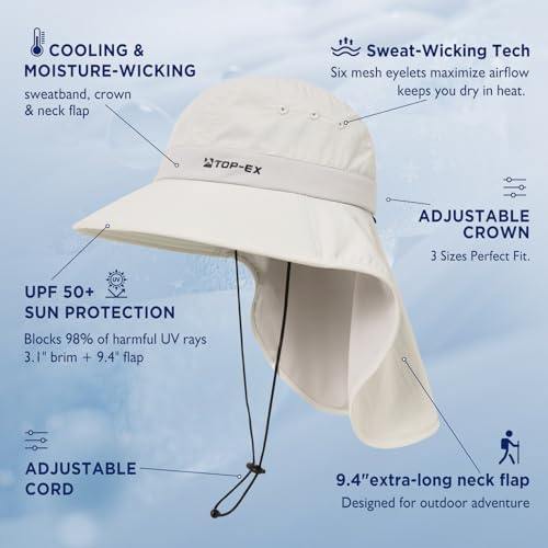 TOP-EX Cooling Sun Hat with Neck Flap – UPF 50+ Wide Brim Breathable Hat for Hiking, Fishing & Big Heads - color: Glacier Grey, size: X-Large-XX-Large