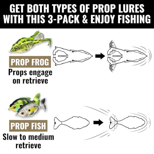 LUNKERHUNT Bass Fishing Lures Kit (3-Pack) - 2 Prop Fish Lures and 1 Prop Frog Lure | Weedless Hooks Hollow Realistic Body, Small Frog Lures & Fishing Lures for bass Fishing Whopper plopper