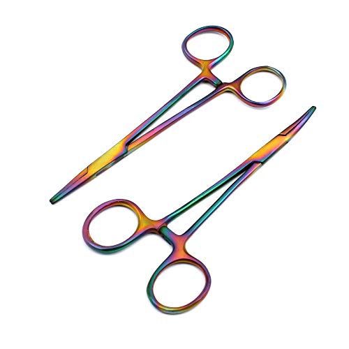 OdontoMed2011® Hemostat Forceps Locking Clamps Serrated Fishing Locking Forceps Clamp Fish Hook Remover Forceps (5" Straight & Curved, Multi Titanium Color Rainbow) - color: Multi Titanium Color Rainbow, size: 5" Straight & Curved