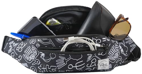 Vibe Festival Gear Rave Fanny Pack for Women Men – Festival, 4 Pockets, Adjustable Strap, Cute Waist Bag, Crossbody Belt Bag, Hiking, Running, Cycling - color: Black White Tribal, size: Fits Most