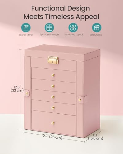 SONGMICS 6-Layer Jewelry Box Organizer with 5 Drawers, Jewelry Storage Case with Lock and Mirror, Large Storage Capacity, Gift for Loved Ones, for Necklaces, Watches, Jelly Pink UJBC152SA02S - color: Jelly Pink, size: 6 Tier