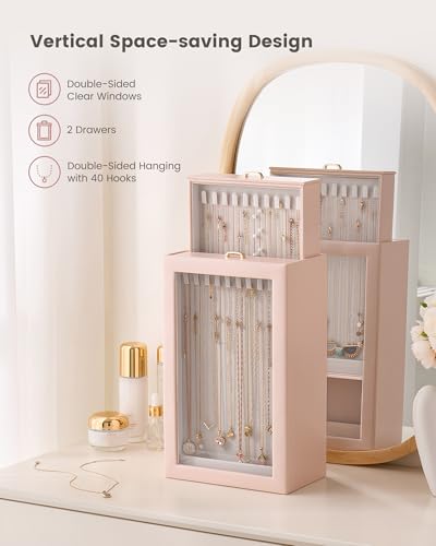 Lolalet Upgraded Double-Sided Hanging Necklace Organizer Box, Jewelry Display Case with Double-Sided Clear Window for Necklaces Bracelets, Tangle-Free Necklace Storage Box, Pink, 2-Layer 40 Hooks - color: Pink, size: 2-Layer, 40 Hooks