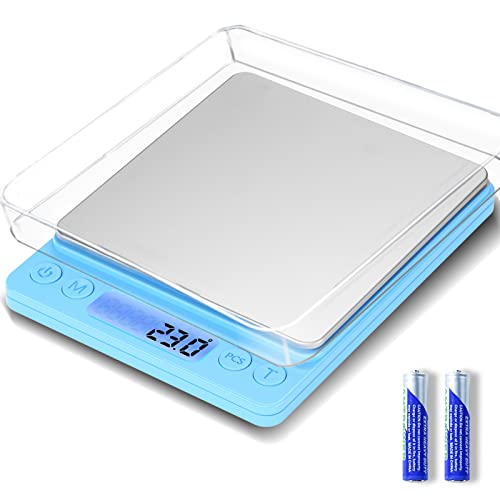 Digital Food Scale for Food Ounces and Grams，YONCON 3000g/0.1g Accuracy Multifunctional Kitchen Scale for Cooking, Baking | Small Size for Easy Storage | 2 Trays，Tare Function - color: Blue