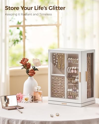 Glimmloop 360° Rotating Jewelry Box with 7 Drawers, Spacious Vertical Jewelry Organizer with Glass Window, Jewelry Storage Case, Dustproof & Moisture-resistant Design, White - color: White, size: 7 Drawers (6.2"D x 9.2"W x 12.7"H)