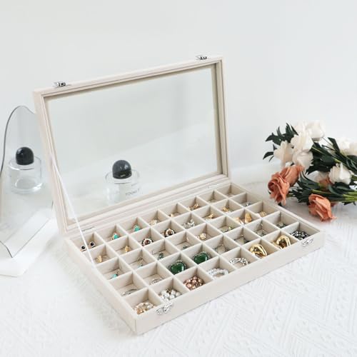 Wudygirl Large Jewelry Organizer Box with 40 Compartments Earring Holder Organizer Velvet Ring Display and Necklace Storage Tray Jewelry Box for Women (Beige Velvet) - color: Beige, size: 40 Grid