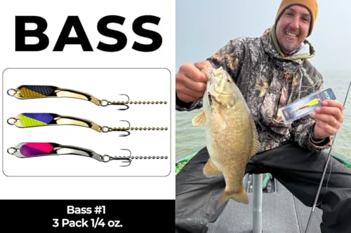 IRON DECOY Spoon Fishing Lures 3-Pack, Multi-Species Metal Spoons for Trout, Walleye, Bass, Salmon, Pike, Ice Fishing & Trolling, Vibrating Spoon Lure Kit - color: Bass #1, 1/4 oz