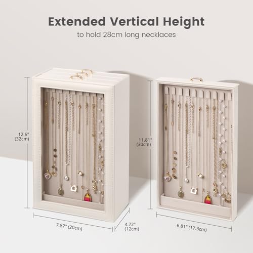 Lolalet Necklace Organizer Box, Jewelry Storage Box with Clear Window for Necklaces Bracelets, Tangle-Free Necklace Display Case for Women Girls, White, 3 Layers 30 Hooks - color: White, size: 3 Layers, 30 Hooks