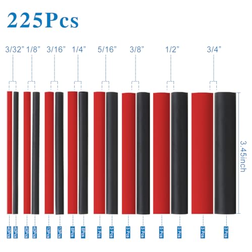 XHF UL Listed 225 Pcs Length 3.45" 3:1 Waterproof Heat Shrink Tubing Kit Marine Grade Adhesive Lined Heat Shrink Tube, Insulation Sealing Oil-Proof Wear-Resistant Black&Red - color: Black&Red, size: 1(225PCS(3/32"-3/4"))-66.5ft