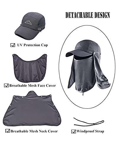 Outdoor Sun Hat for Men Women UPF 50+ Fishing UV Hat with Neck Flap Face Cover for Sun Protection - color: Grey-regular Brim