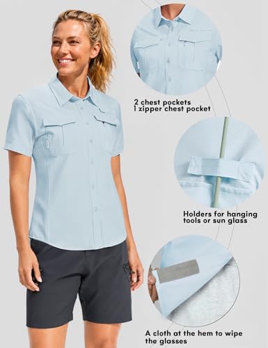 Haimont Women's UPF 50+ Short Sleeve Hiking Button Down Shirt | Quick-Dry Stretch, Mesh Back Vents, 2 Chest Pockets + Zip Pocket, Sunglasses Loop, Lens Cloth, Travel - color: Light Blue, size: Small