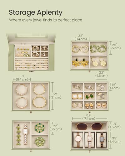 SONGMICS 6-Layer Jewelry Box Organizer with 5 Drawers, Jewelry Storage Case with Lock and Mirror, Large Storage Capacity, Gift for Loved Ones, for Necklaces, Watches, Sage Green UJBC152CE01S - color: Sage Green, size: 6 Tier