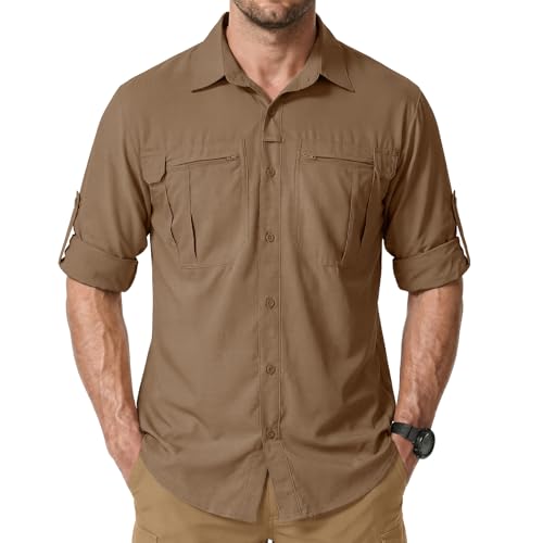 Men's Sun Protection Safari Fishing Shirts Long Sleeve UPF50+ UV Quick Dry Lightweight Cooling Hiking Travel - color: Gravel Brown, size: X-Large