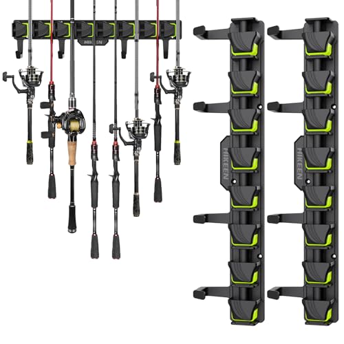 Fishing Rod Holders, Wall Mounted Fishing Rod Rack, Fishing Pole Holder Holds Up to 8 Rods or Combos, Fishing Rod Holders for Garage with 4 Hooks, Fits Most Rods of Diameter 3-24mm - style: Green-2Pack