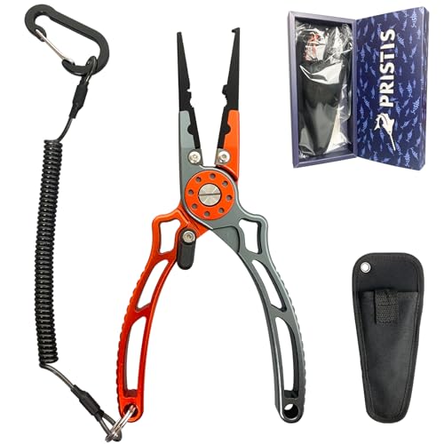 Pristis UTA II Fishing Pliers, Multi-Function Split Ring Plier Gear, Saltwater Resistant Teflon Coated Locking Hook Remover Cutter, Stainless Steel Top & Aluminum Body Tool Kit Tackle Set for Bass
