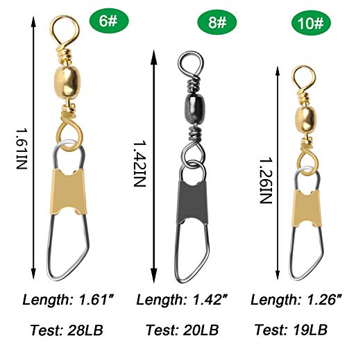 AGOOL Barrel Swivel Snap Kit - 50pcs Barrel Swivels with Safety Snaps High Strength Fishing Quick Connect Snap Swivels with Solid Ring Fishing Tackle Accessories Box Kit Size 4#,6#,8#,10#,12#,14# - color: 50pcs-black&gold