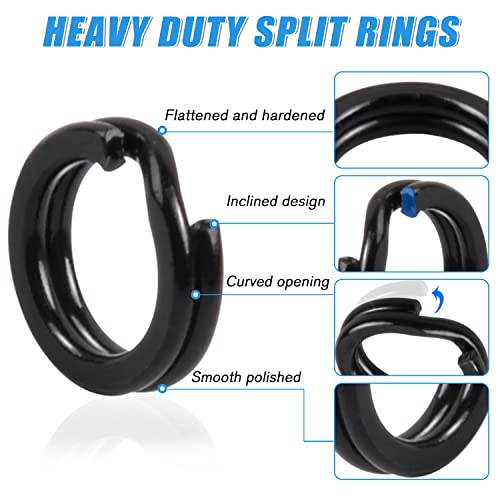 Fishing Split Rings Set,200pcs Stainless Steel Lure Rings Heavy Duty Double Flattened Hyper Wire Snap Ring Saltwater Lure Tackle Connector for Jigging Trolling - color: Black(200pcs Kit)
