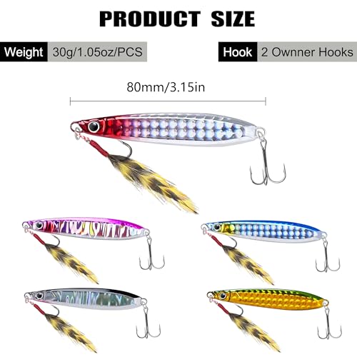 Fishing Spoons Lures Saltwater Jigging Lures with Ultra-Sharp Hooks Micro Jigging Bait for Bass Tuna Salmon Grouper 5PCS